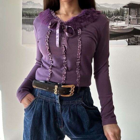 90s Purple Coquette Sweater with Genuine Fur Trim & Ribbon Details — S/M - Picture 3 of 5